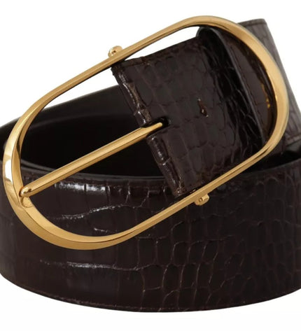 Dolce & Gabbana Brown Crocodile Pattern Leather Gold Oval Buckle Belt