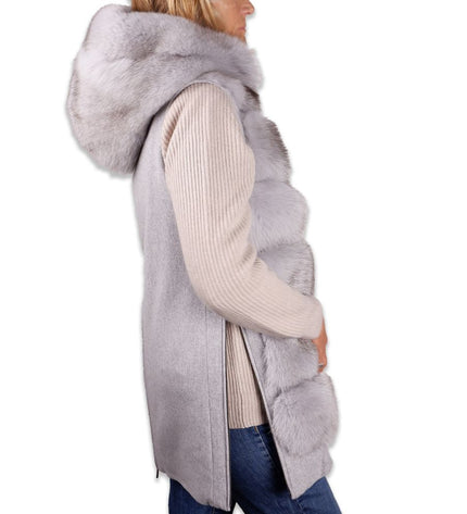 Made in Italy Sleeveless Luxury Wool Coat with Fox Fur Trim