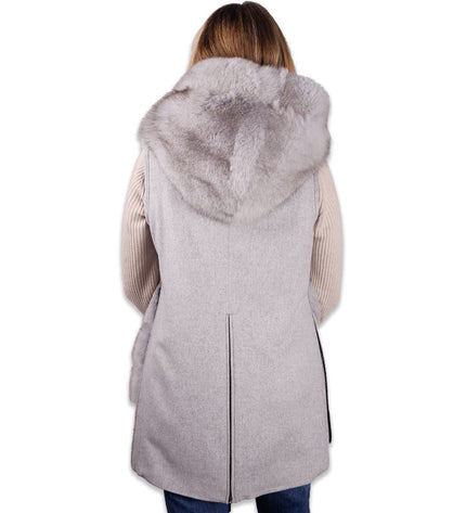 Made in Italy Sleeveless Luxury Wool Coat with Fox Fur Trim