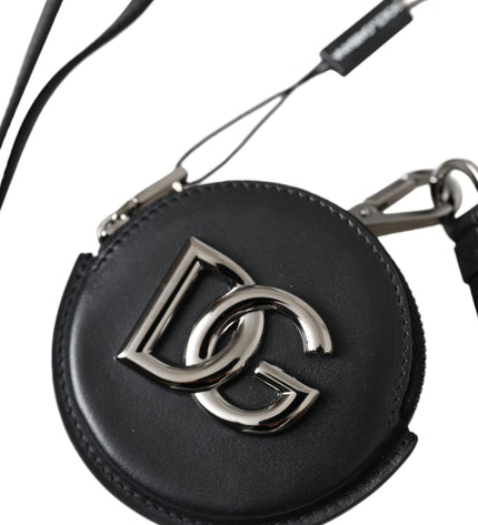 Dolce & Gabbana Black Round Leather DG Logo Coin Purse Lanyard Wallet