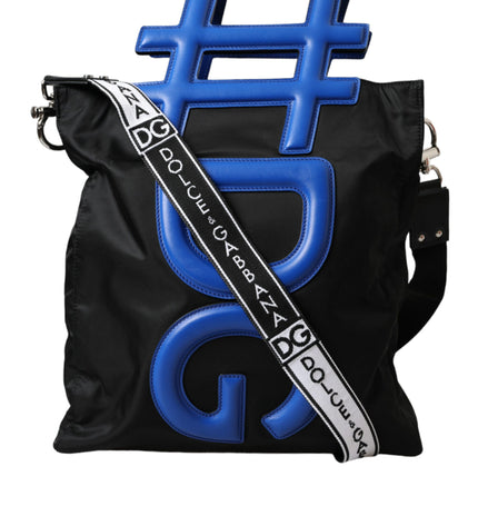 Dolce & Gabbana Black Nylon Blue Leather Hashtag Shopping Tote Bag