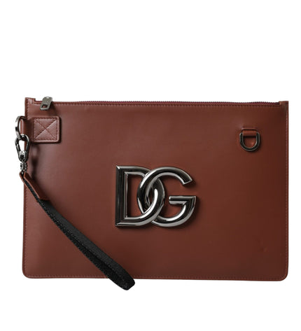 Dolce & Gabbana Brown Calfskin Leather DG Logo Pouch Wrist Strap Bag