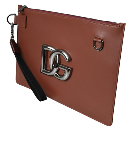 Dolce & Gabbana Brown Calfskin Leather DG Logo Pouch Wrist Strap Bag