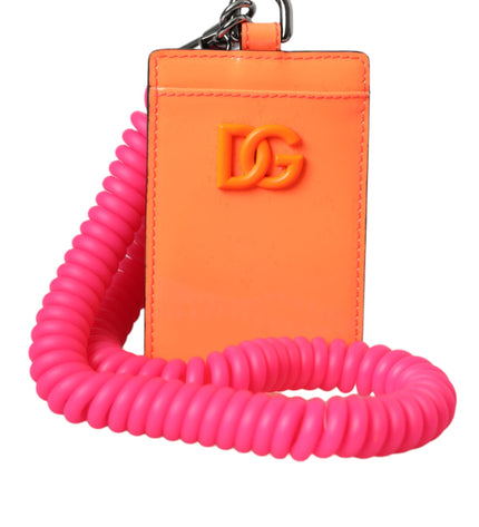 Dolce & Gabbana Orange Pink Leather DG Logo Neck Strap Card Holder Wallet