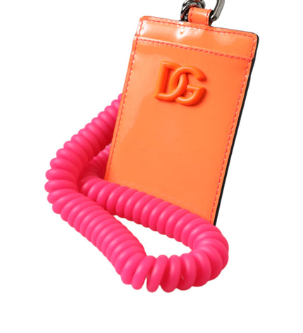 Dolce & Gabbana Orange Pink Leather DG Logo Neck Strap Card Holder Wallet