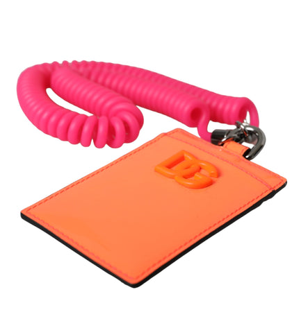 Dolce & Gabbana Orange Pink Leather DG Logo Neck Strap Card Holder Wallet