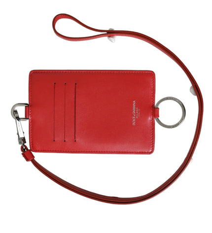 Dolce & Gabbana Red Calfskin Leather Lanyard Logo Card Holder Wallet