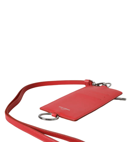 Dolce & Gabbana Red Calfskin Leather Lanyard Logo Card Holder Wallet