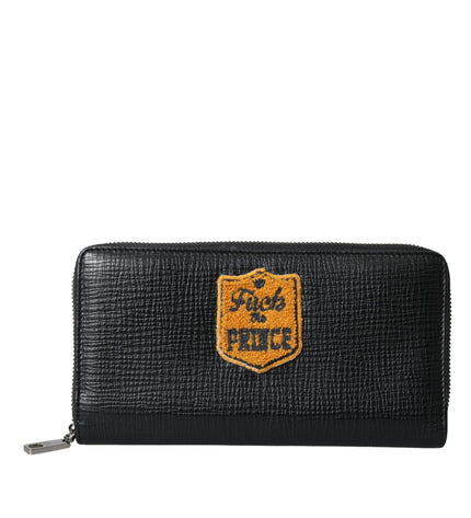 Dolce & Gabbana Black Leather Logo Patch Zip Around Continental Wallet