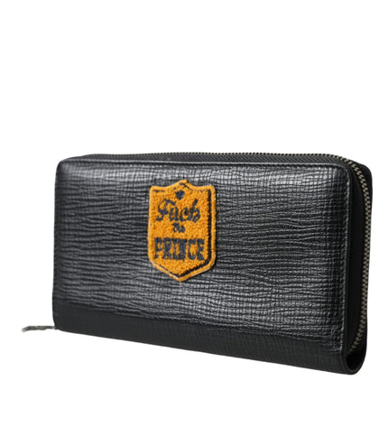 Dolce & Gabbana Black Leather Logo Patch Zip Around Continental Wallet