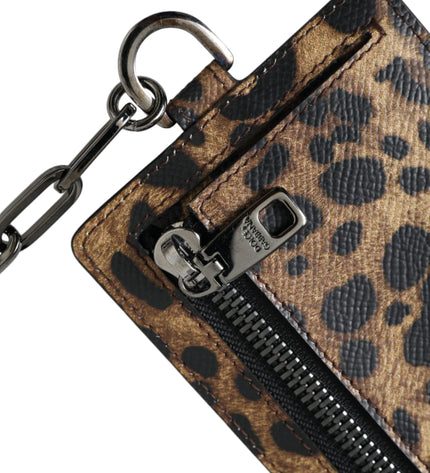 Dolce & Gabbana Brown Leather Leopard Print Logo Plaque Cardholder Wallet