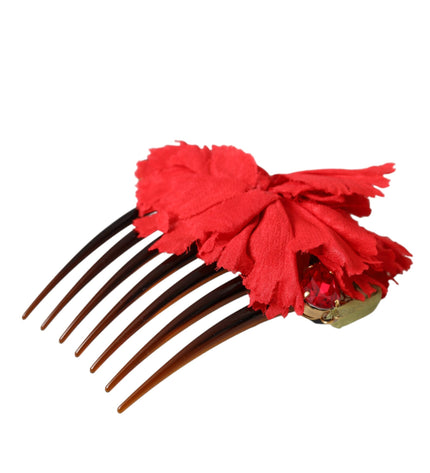 Dolce & Gabbana Red Silk Floral Gold Brass Women Hair Comb