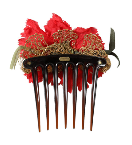 Dolce & Gabbana Red Silk Floral Gold Brass Women Hair Comb