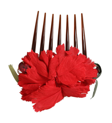 Dolce & Gabbana Red Silk Floral Gold Brass Women Hair Comb