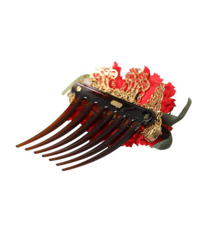 Dolce & Gabbana Red Silk Floral Gold Brass Women Hair Comb