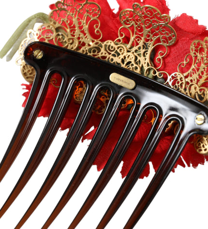 Dolce & Gabbana Red Silk Floral Gold Brass Women Hair Comb