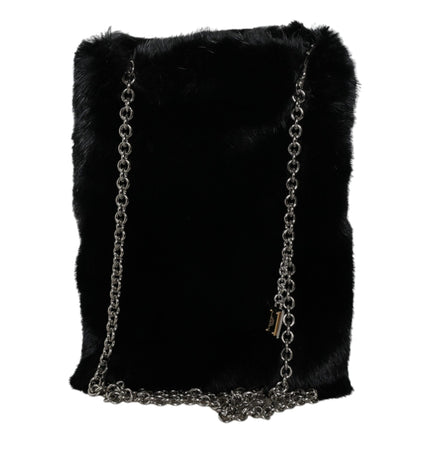 Dolce & Gabbana Black Faux Fur Silver Chain Crossbody Shoulder Purse Bag