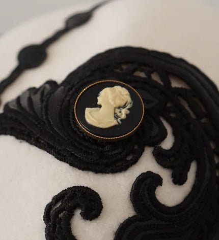 Dolce & Gabbana White Black Wool Embroidered Cameo Brooch Hat