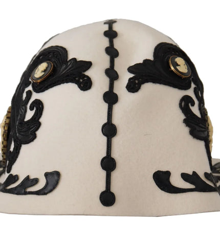 Dolce & Gabbana White Black Wool Embroidered Cameo Brooch Hat