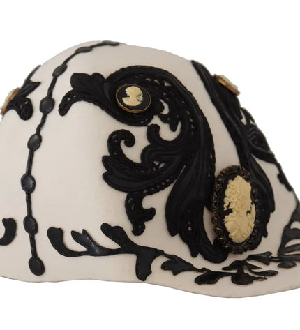 Dolce & Gabbana White Black Wool Embroidered Cameo Brooch Hat