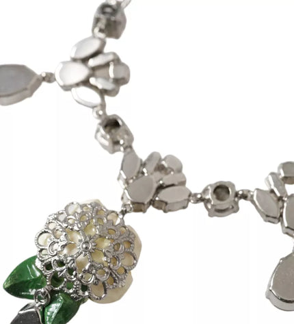 Dolce & Gabbana Silver Brass Clear Crystal Roses Pendants Necklace