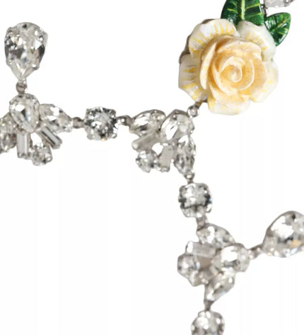 Dolce & Gabbana Silver Brass Clear Crystal Roses Pendants Necklace