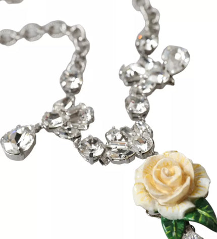 Dolce & Gabbana Silver Brass Clear Crystal Roses Pendants Necklace