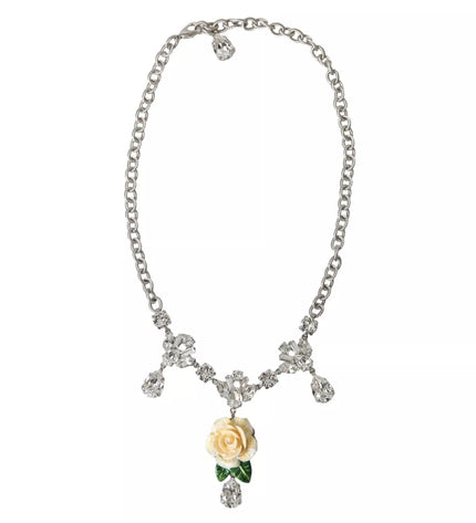 Dolce & Gabbana Silver Brass Clear Crystal Roses Pendants Necklace