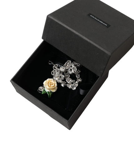 Dolce & Gabbana Silver Brass Clear Crystal Roses Pendants Necklace