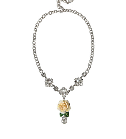 Dolce & Gabbana Silver Brass Clear Crystal Roses Pendants Necklace