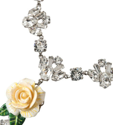 Dolce & Gabbana Silver Brass Clear Crystal Roses Pendants Necklace