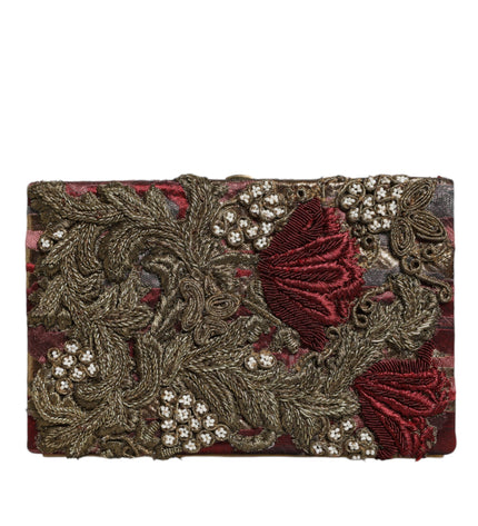 Dolce & Gabbana Maroon Gold Floral Jacquard Gold Frame Clutch Evening Purse Bag