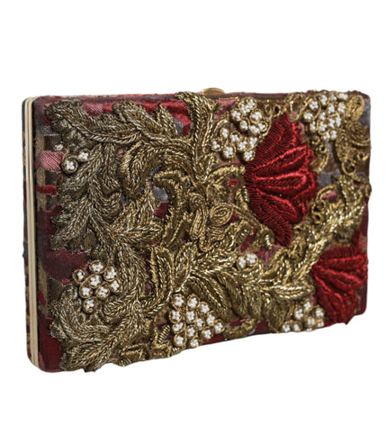 Dolce & Gabbana Maroon Gold Floral Jacquard Gold Frame Clutch Evening Purse Bag