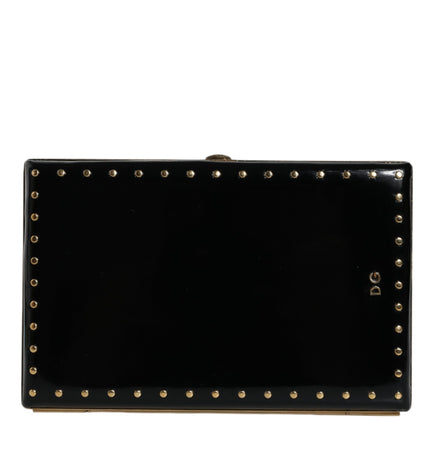 Dolce & Gabbana Black Leather Studs Gold Frame Clutch Evening Purse Bag