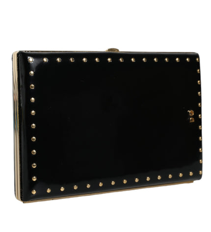 Dolce & Gabbana Black Leather Studs Gold Frame Clutch Evening Purse Bag