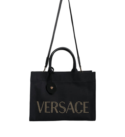 Versace Black Top Handle Canvas Leather Logo Crossbody Tote Bag