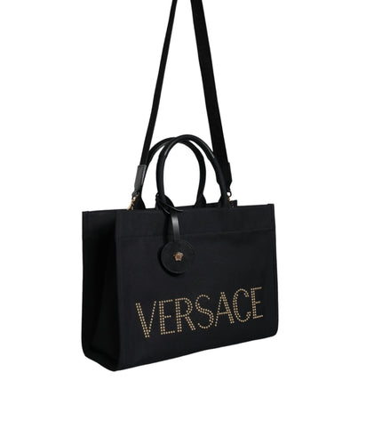 Versace Black Top Handle Canvas Leather Logo Crossbody Tote Bag