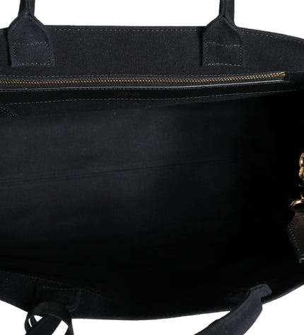 Versace Black Top Handle Canvas Leather Logo Crossbody Tote Bag