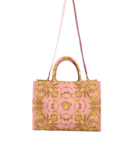 Versace Pink Printed Large Fabric Leather Shopping Tote Bag