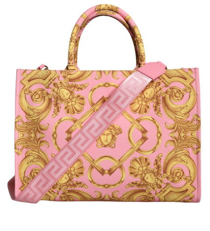 Versace Pink Printed Large Fabric Leather Shopping Tote Bag