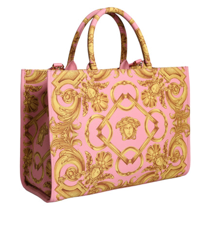 Versace Pink Printed Large Fabric Leather Shopping Tote Bag