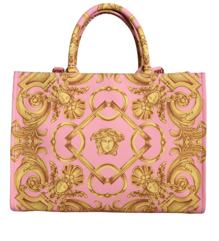 Versace Pink Printed Large Fabric Leather Shopping Tote Bag