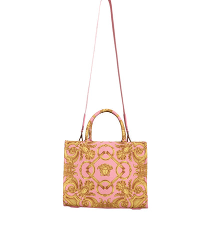 Versace Pink Yellow Baroque Fabric Leather Shopping Tote Bag