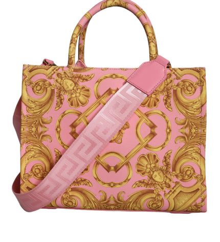 Versace Pink Yellow Baroque Fabric Leather Shopping Tote Bag