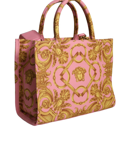 Versace Pink Yellow Baroque Fabric Leather Shopping Tote Bag