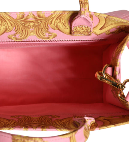 Versace Pink Yellow Baroque Fabric Leather Shopping Tote Bag