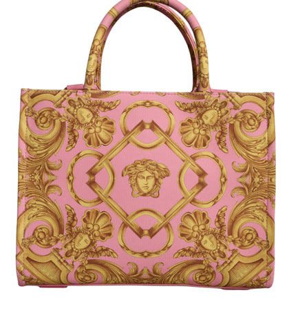 Versace Pink Yellow Baroque Fabric Leather Shopping Tote Bag