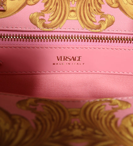 Versace Pink Yellow Baroque Fabric Leather Shopping Tote Bag