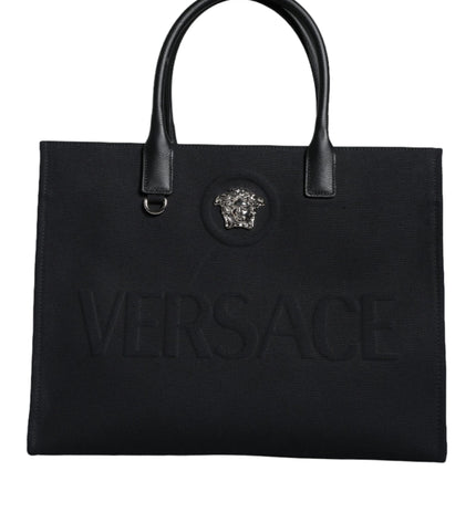 Versace Black Top Handle Canvas Leather Logo Shopping Tote Bag