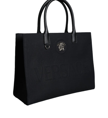 Versace Black Top Handle Canvas Leather Logo Shopping Tote Bag